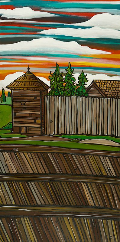 'Fort Langley Fort' 18x36 acrylic on canvas. $725. My Fort Langley series of paintings are planned to become street post banners on Glover Rd in 2015. The original painting is for sale. Also find art cards in my online store.