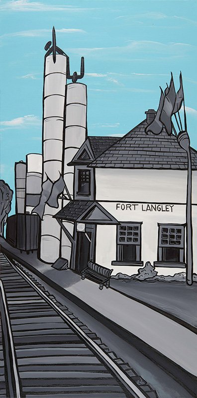'Fort Langley Station' 18x36 acrylic on canvas. $725. My Fort Langley series of paintings are planned to become street post banners on Glover Rd in 2015. The original painting is for sale. Also find art cards in my online store.