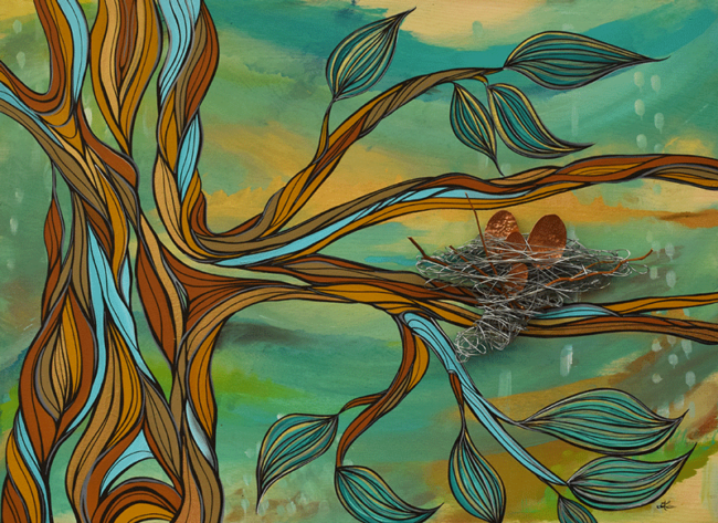 'Home Free' 22x30 acyrlic on wood with metal nest (hammered copper eggs) by April Lacheur. $1300